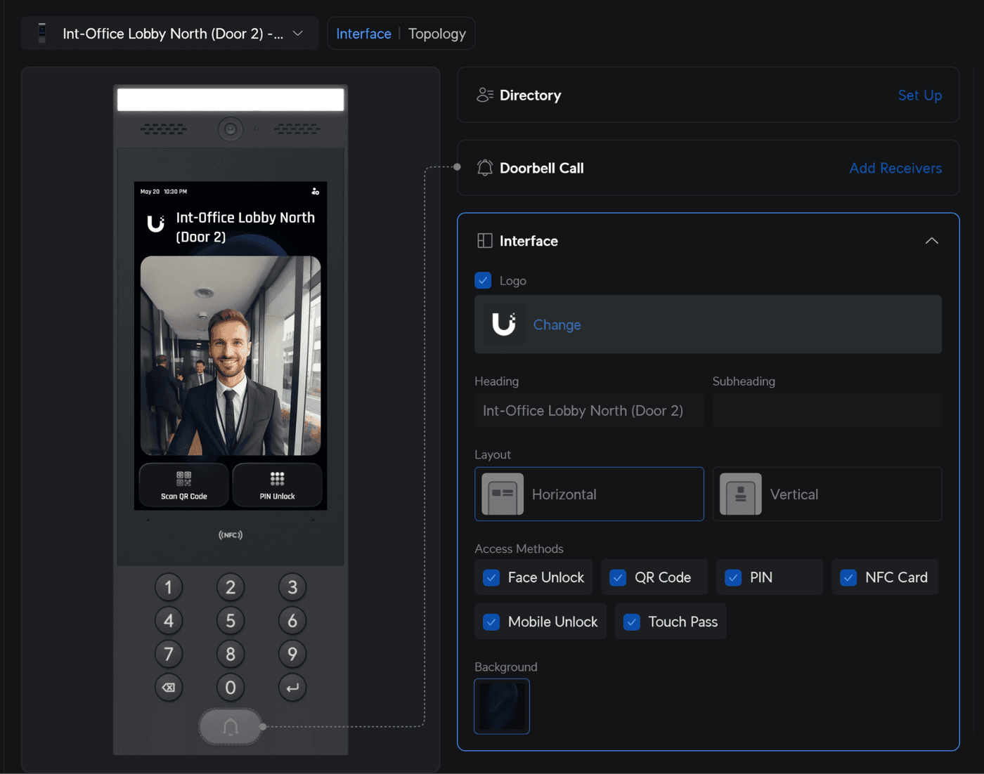 UniFi Accessでリーダー端末の表示内容と解錠方式を設定している管理画面